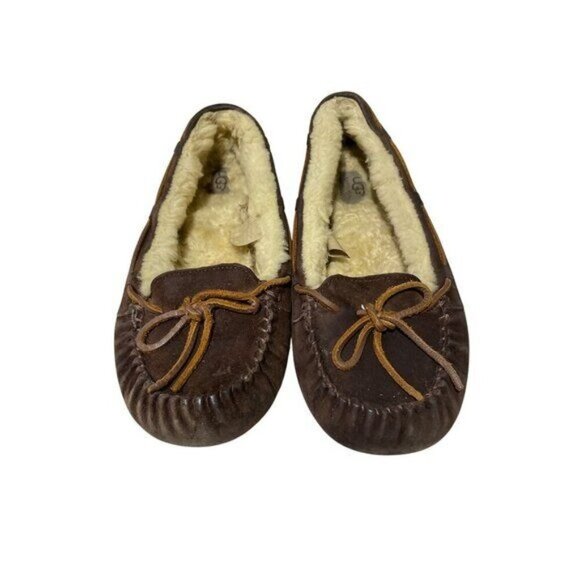 UGG Australia Womens Sheepskin Moccasin Slippers Size 9 Brown Suede & Wool Lined - Picture 1 of 7